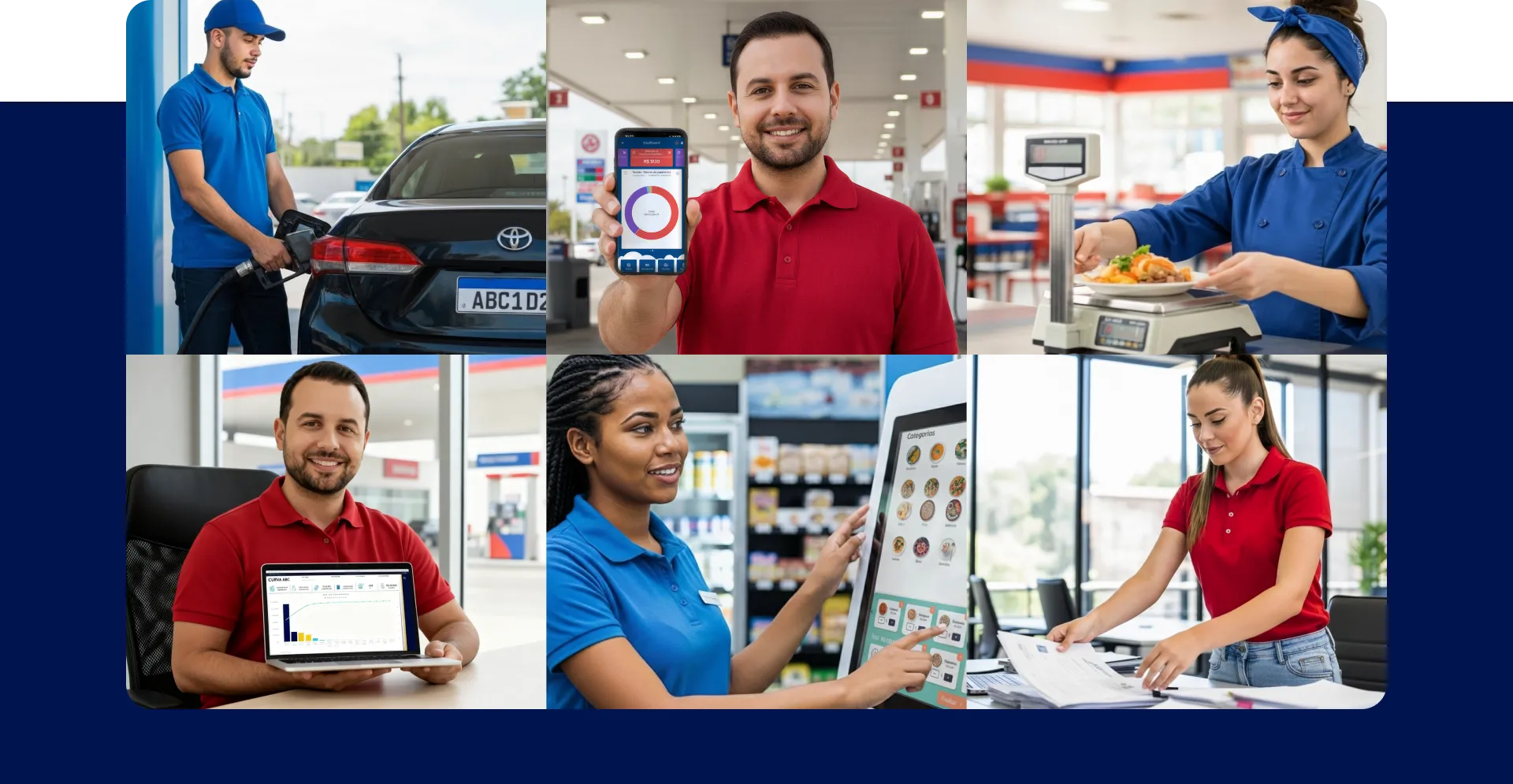 6 quadrados diferentes com pessoas sorridentes trabalhando no WebPosto